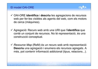 El model OAI-ORE

  OAI-ORE identifica i descriu les agregacions de recursos
  web per fer-les visibles als agents del web, com els motors
  de cerca (màquines).

  Agregació: Recurs web amb una URI que l’identifica que
  conté un conjunt de recursos. No té representació, és una
  construcció conceptual.

  Resource Map (ReM) és un recurs web amb representació
  Descriu una agregació i enumera els recursos agregats. A
  més, pot contenir informació addicional (tipus, relacions...).
 