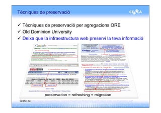 Tècniques de preservació

   Tècniques de preservació per agregacions ORE
   Old Dominion University
   Deixa que la infraestructura web preservi la teva informació




 Gràfic de http://www.openarchives.org/ore/meetings/Soton/ore-amf-client-side-southampton-pdf
 