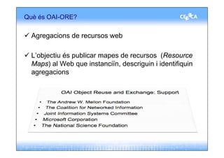 Què és OAI-ORE?

  Agregacions de recursos web

  L’objectiu és publicar mapes de recursos (Resource
  Maps) al Web que instanciïn, descriguin i identifiquin
  agregacions
 