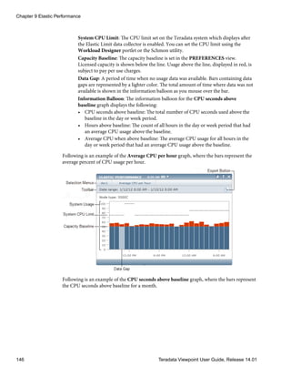 System CPU Limit: The CPU limit set on the Teradata system which displays after
the Elastic Limit data collector is enabled. You can set the CPU limit using the
Workload Designer portlet or the Schmon utility.
Capacity Baseline: The capacity baseline is set in the PREFERENCES view.
Licensed capacity is shown below the line. Usage above the line, displayed in red, is
subject to pay per use charges.
Data Gap: A period of time when no usage data was available. Bars containing data
gaps are represented by a lighter color. The total amount of time where data was not
available is shown in the information balloon as you mouse over the bar.
Information Balloon: The information balloon for the CPU seconds above
baseline graph displays the following:
• CPU seconds above baseline: The total number of CPU seconds used above the
baseline in the day or week period.
• Hours above baseline: The count of all hours in the day or week period that had
an average CPU usage above the baseline.
• Average CPU when above baseline: The average CPU usage for all hours in the
day or week period that had an average CPU usage above the baseline.
Following is an example of the Average CPU per hour graph, where the bars represent the
average percent of CPU usage per hour.
Following is an example of the CPU seconds above baseline graph, where the bars represent
the CPU seconds above baseline for a month.
Chapter 9 Elastic Performance
146 Teradata Viewpoint User Guide, Release 14.01
 