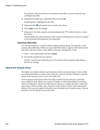 The columns at the top of the list can be locked in the table to remain on the left when
scrolling horizontally.
4 [Optional] Click Set, type a threshold value, and click OK.
Qualifying data is highlighted in the table.
5 [Optional] Click and drag the row to reorder the column.
6 Click Apply to save the changes.
7 [Optional] In the table, drag the column heading border in either direction to resize
the column.
The thresholds and column selection, order, and lock settings that you choose are applied
to the minimized and maximized views separately.
Exporting Table Data
You can export data to a .csv file for further analysis and formatting. The exported .csv file
contains all available data. If filters are used, only filtered data is exported. The format for the
time, date, and some numeric values differs in the view and exported .csv file.
1 Click in the table header and select Export.
2 Save the file using the browser options.
The file is saved to your download area or to a location that you specify, depending on
the browser settings.
About the Details View
The details view displays statistics and information about a particular node or vproc to help
you isolate performance or system issues. This view can be accessed by clicking on a preview
square in the summary view or a row in the table view.
Preview squares at the bottom of the view help you determine the status for a particular
vproc within the node. Mouse over a square to display an information balloon containing
metrics for that vproc. Mouse over other preview squares to compare the metric values with
other vprocs. When viewing a vproc, the parent node number is shown in the information
balloon. Click a preview square to directly access the details view for another vproc. Click the
node ID to view the details view for that node.
Chapter 15 Node Resources
204 Teradata Viewpoint User Guide, Release 14.01
 