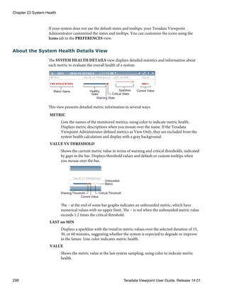 If your system does not use the default states and tooltips, your Teradata Viewpoint
Administrator customized the states and tooltips. You can customize the icons using the
Icons tab in the PREFERENCES view.
About the System Health Details View
The SYSTEM HEALTH DETAILS view displays detailed statistics and information about
each metric to evaluate the overall health of a system.
This view presents detailed metric information in several ways:
METRIC
Lists the names of the monitored metrics, using color to indicate metric health.
Displays metric descriptions when you mouse over the name. If the Teradata
Viewpoint Administrator defined metrics as View Only, they are excluded from the
system health calculation and display with a gray background.
VALUE VS THRESHOLD
Shows the current metric value in terms of warning and critical thresholds, indicated
by gaps in the bar. Displays threshold values and default or custom tooltips when
you mouse over the bar.
The at the end of some bar graphs indicates an unbounded metric, which have
numerical values with no upper limit. The is red when the unbounded metric value
exceeds 1.2 times the critical threshold.
LAST nn MIN
Displays a sparkline with the trend in metric values over the selected duration of 15,
30, or 60 minutes, suggesting whether the system is expected to degrade or improve
in the future. Line color indicates metric health.
VALUE
Shows the metric value at the last system sampling, using color to indicate metric
health.
Chapter 23 System Health
298 Teradata Viewpoint User Guide, Release 14.01
 