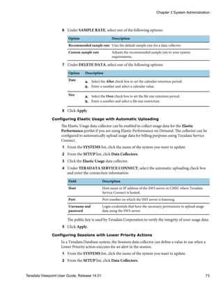 6 Under SAMPLE RATE, select one of the following options:
Option Description
Recommended sample rate Uses the default sample rate for a data collector.
Custom sample rate Adjusts the recommended sample rate to your system
requirements.
7 Under DELETE DATA, select one of the following options:
Option Description
Date a. Select the After check box to set the calendar retention period.
b. Enter a number and select a calendar value.
Size a. Select the Over check box to set the file size retention period.
b. Enter a number and select a file size restriction.
8 Click Apply.
Configuring Elastic Usage with Automatic Uploading
The Elastic Usage data collector can be enabled to collect usage data for the Elastic
Performance portlet if you are using Elastic Performance on Demand. The collector can be
configured to automatically upload usage data for billing purposes using Teradata Service
Connect.
1 From the SYSTEMS list, click the name of the system you want to update.
2 From the SETUP list, click Data Collectors.
3 Click the Elastic Usage data collector.
4 Under TERADATA SERVICE CONNECT, select the automatic uploading check box
and enter the connection information:
Field Description
Host Host name or IP address of the SWS server or CMIC where Teradata
Service Connect is hosted.
Port Port number on which the SSH server is listening.
Username and
password
Login credentials that have the necessary permissions to upload usage
data using the SWS server.
The public key is used by Teradata Corporation to verify the integrity of your usage data.
5 Click Apply.
Configuring Sessions with Lower Priority Actions
In a Teradata Database system, the Sessions data collector can define a value to use when a
Lower Priority action executes for an alert in the session.
1 From the SYSTEMS list, click the name of the system you want to update.
2 From the SETUP list, click Data Collectors.
Chapter 3 System Administration
Teradata Viewpoint User Guide, Release 14.01 73
 
