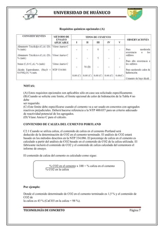 UNIVERSIDAD DE HUÁNUCO
TECONOLOGÍA DE CONCRETO Página 7
Requisitos químicos opcionales (A)
NOTAS:
(A) Estos requisitos opcionales son aplicables sólo en caso sea solicitado específicamente.
(B) Cuando se solicite este limite, el límite opcional de calor de hidratación de la Tabla 4 no
debe
ser requerido.
(C) Este límite debe especificarse cuando el cemento va a ser usado en concretos con agregados
reactivos perjudiciales. Deberá hacerse referencia a la NTP 400.037 para un criterio adecuado
de reactividad potencial de los agregados.
(D) Véase Anexo C para el cálculo.
CONTENIDO DE CALIZA DEL CEMENTO PORTLAND
C2.1 Cuando se utiliza caliza, el contenido de caliza en el cemento Portland será
deducido de la determinación de CO2 en el cemento terminado. El análisis de CO2 estará
basado en los métodos descritos en la NTP 334.086. El porcentaje de caliza en el cemento es
calculado a partir del análisis de CO2 basado en el contenido de CO2 de la caliza utilizada. El
fabricante incluirá el contenido de CO2 y el contenido de caliza calculada del cementoen el
informe de ensayo.
El contenido de caliza del cemento es calculado como sigue:
% CO2 en el cemento x 100 = % caliza en el cemento
% CO2 en la caliza
Por ejemplo:
Donde el contenido determinado de CO2 en el cemento terminado es 1,5 % y el contenido de
CO2 de
la caliza es 43 % (CaCO3 en la caliza = 98 %).
 