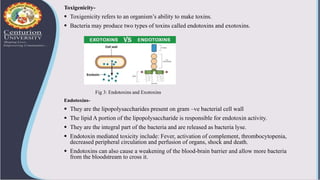 Toxigenicity-
 Toxigenicity refers to an organism’s ability to make toxins.
 Bacteria may produce two types of toxins called endotoxins and exotoxins.
Fig 3: Endotoxins and Exotoxins
Endotoxins-
 They are the lipopolysaccharides present on gram –ve bacterial cell wall
 The lipid A portion of the lipopolysaccharide is responsible for endotoxin activity.
 They are the integral part of the bacteria and are released as bacteria lyse.
 Endotoxin mediated toxicity include: Fever, activation of complement, thrombocytopenia,
decreased peripheral circulation and perfusion of organs, shock and death.
 Endotoxins can also cause a weakening of the blood-brain barrier and allow more bacteria
from the bloodstream to cross it.
 