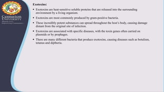 Exotoxins:
 Exotoxins are heat-sensitive soluble proteins that are released into the surrounding
environment by a living organism.
 Exotoxins are most commonly produced by gram-positive bacteria.
 These incredibly potent substances can spread throughout the host’s body, causing damage
distant from the original site of infection.
 Exotoxins are associated with specific diseases, with the toxin genes often carried on
plasmids or by prophages.
 There are many different bacteria that produce exotoxins, causing diseases such as botulism,
tetanus and diptheria.
 