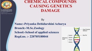 By
Name:-Priyanka Debidarshini Acharya
Branch:-M.Sc.Zoology
School:-School of applied sciences
Regd.no. :- 220705180044
CHEMICAL COMPOUNDS
CAUSING GENETICS
DAMAGE
 