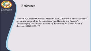 Reference
Woese CR, Kandler O, Wheelis ML(June 1990).”Towards a natural system of
organisms; proposal for the domains Archae,Bacteria, and Eucarya”.
Proceedings of the National Academy of Sciences of the United States of
America.87(12):4576- 79
 