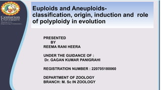 Euploids and Aneuploids-
classification, origin, induction and role
of polyploidy in evolution
PRESENTED
BY
REEMA RANI HEERA
UNDER THE GUIDANCE OF :
Dr. GAGAN KUMAR PANIGRAHI
REGISTRATION NUMBER : 220705180060
DEPARTMENT OF ZOOLOGY
BRANCH: M. Sc IN ZOOLOGY
 
