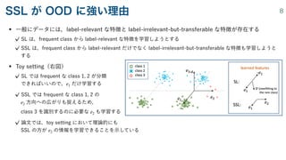 • 一般にデータには，label-relevant な特徴と label-irrelevant-but-transferable な特徴が存在する
SL は，frequent class から label-relevant な特徴を学習しようとする
SSL は，frequent class から label-relevant だけでなく label-irrelevant-but-transferable な特徴も学習しようと
する
• Toy setting（右図）
SL では frequent な class 1, 2 が分類
 
できればいいので， だけ学習する
SSL では frequent な class 1, 2 の
 
方向への広がりも捉えるため，
 
class 3 を識別するのに必要な も学習する
論文では，toy setting において理論的にも
 
SSL の方が の情報を学習できることを示している
e1
e2
e2
e2
SSL が OOD に強い理由 8
 