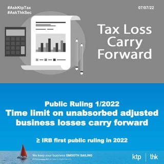 #AskKtpTax
#AskThkSec
07/07/22
Public Ruling 1/2022
Time limit on unabsorbed adjusted
business losses carry forward
≥ IRB first public ruling in 2022
 