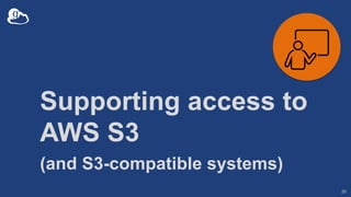 Supporting access to
AWS S3
(and S3-compatible systems)
20
 