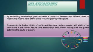 By establishing relationships, you can create a connection between two different tables. A
relationship involves fields of two tables containing corresponding data.
 For example, the Student ID field of the Student Data table can be connected with a field of the
same name in the Student Results table. Relationships help prevent missing data and quickly
determine the results of a query.
 