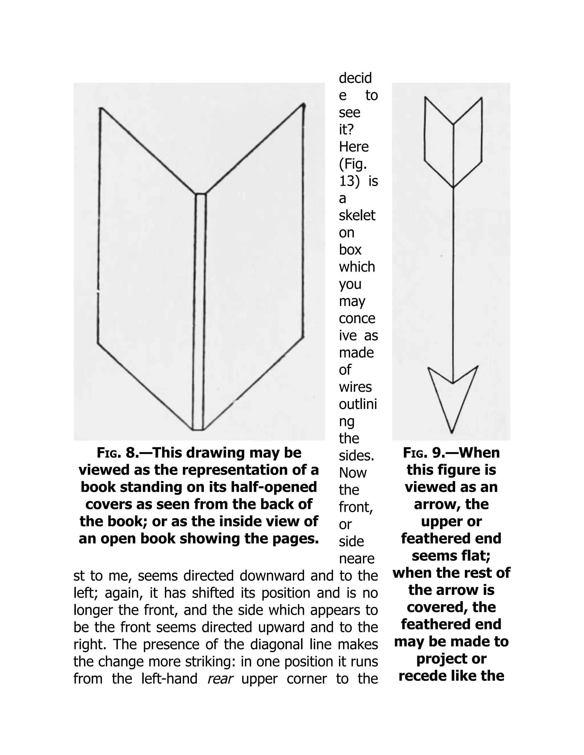 Fig. 8.—This drawing may be
viewed as the representation of a
book standing on its half-opened
covers as seen from the back of
the book; or as the inside view of
an open book showing the pages.
Fig. 9.—When
this figure is
viewed as an
arrow, the
upper or
feathered end
seems flat;
when the rest of
the arrow is
covered, the
feathered end
may be made to
project or
recede like the
decid
e to
see
it?
Here
(Fig.
13) is
a
skelet
on
box
which
you
may
conce
ive as
made
of
wires
outlini
ng
the
sides.
Now
the
front,
or
side
neare
st to me, seems directed downward and to the
left; again, it has shifted its position and is no
longer the front, and the side which appears to
be the front seems directed upward and to the
right. The presence of the diagonal line makes
the change more striking: in one position it runs
from the left-hand rear upper corner to the
 