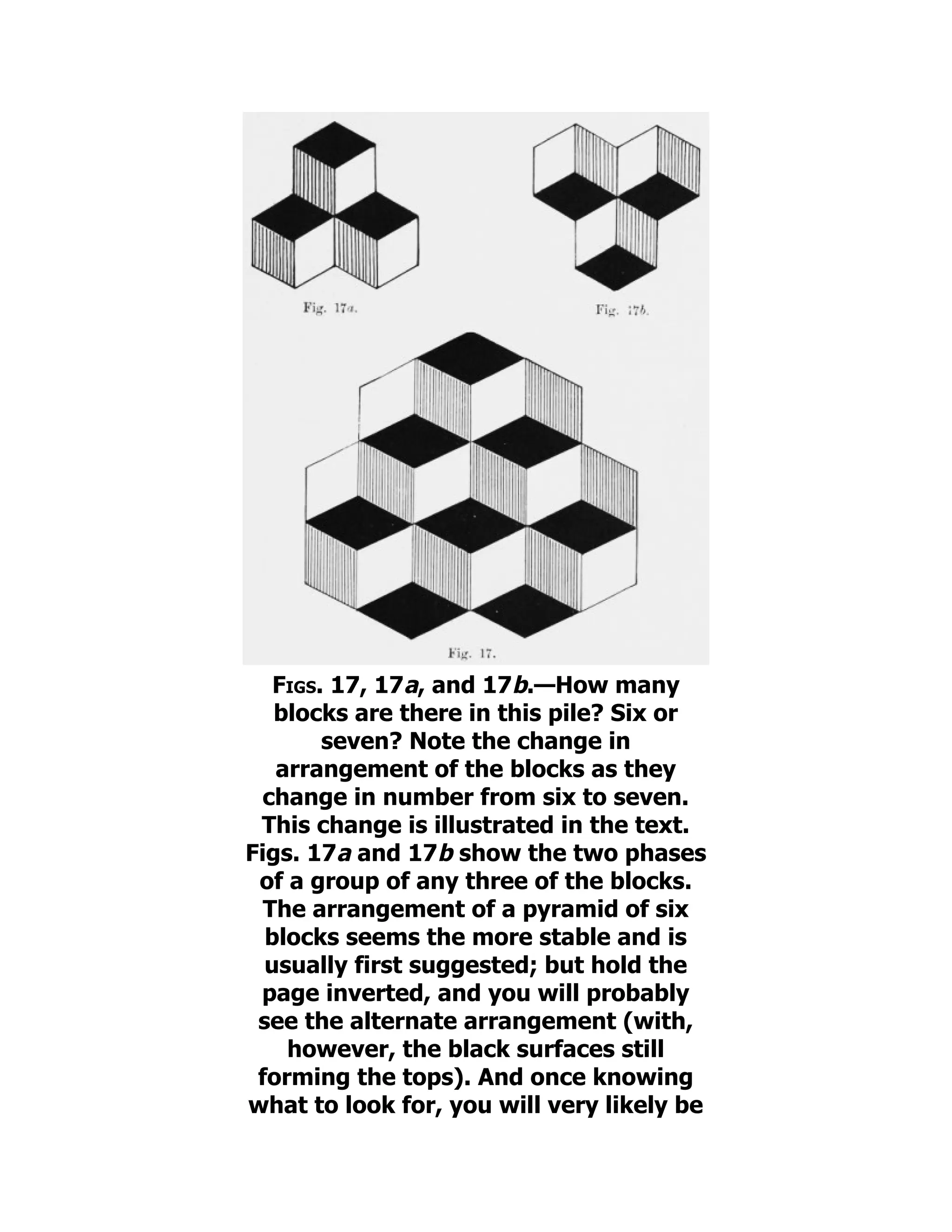Figs. 17, 17a, and 17b.—How many
blocks are there in this pile? Six or
seven? Note the change in
arrangement of the blocks as they
change in number from six to seven.
This change is illustrated in the text.
Figs. 17a and 17b show the two phases
of a group of any three of the blocks.
The arrangement of a pyramid of six
blocks seems the more stable and is
usually first suggested; but hold the
page inverted, and you will probably
see the alternate arrangement (with,
however, the black surfaces still
forming the tops). And once knowing
what to look for, you will very likely be
 
