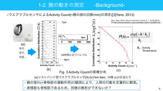1-2. 腕の動きの測定  -Background-
6
Activity Count k[min−1
]
Cumulative
Distribution
P(k) =
exp[−k / kT ]
kT
Cumulative
distribut...