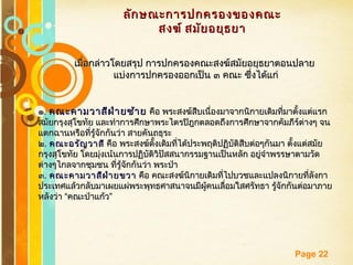 Free Powerpoint Templates
Page 22
ลักษณะการปกครองของคณะลักษณะการปกครองของคณะ
สงฆ์ สมัยอยุธยาสงฆ์ สมัยอยุธยา
เมื่อกล่าวโดยสรุป การปกครองคณะสงฆ์สมัยอยุธยาตอนปลายเมื่อกล่าวโดยสรุป การปกครองคณะสงฆ์สมัยอยุธยาตอนปลาย
แบ่งการปกครองออกเป็น ๓ คณะ ซึ่งได้แก่แบ่งการปกครองออกเป็น ๓ คณะ ซึ่งได้แก่
๑๑.. คณะคามวาสีฝ่ายซ้ายคณะคามวาสีฝ่ายซ้าย คือ พระสงฆ์สืบเนื่องมาจากนิกายเดิมที่มาตั้งแต่แรกคือ พระสงฆ์สืบเนื่องมาจากนิกายเดิมที่มาตั้งแต่แรก
สมัยกรุงสุโขทัย และทำาการศึกษาพระไตรปิฎกตลอดถึงการศึกษาจากคัมภีร์ต่างๆ จนสมัยกรุงสุโขทัย และทำาการศึกษาพระไตรปิฎกตลอดถึงการศึกษาจากคัมภีร์ต่างๆ จน
แตกฉานหรือที่รู้จักกันว่า สายคันถธุระแตกฉานหรือที่รู้จักกันว่า สายคันถธุระ
๒๒.. คณะอรัญวาสีคณะอรัญวาสี คือ พระสงฆ์ดั้งเดิมที่ได้ประพฤติปฏิบัติสืบต่อๆกันมา ตั้งแต่สมัยคือ พระสงฆ์ดั้งเดิมที่ได้ประพฤติปฏิบัติสืบต่อๆกันมา ตั้งแต่สมัย
กรุงสุโขทัย โดยมุ่งเน้นการปฏิบัติวิปัสสนากรรมฐานเป็นหลัก อยู่จำาพรรษาตามวัดกรุงสุโขทัย โดยมุ่งเน้นการปฏิบัติวิปัสสนากรรมฐานเป็นหลัก อยู่จำาพรรษาตามวัด
ต่างๆไกลจากชุมชน ที่รู้จักกันว่า พระป่าต่างๆไกลจากชุมชน ที่รู้จักกันว่า พระป่า
๓๓.. คณะคามวาสีฝ่ายขวาคณะคามวาสีฝ่ายขวา คือ คณะสงฆ์นิกายเดิมที่ไปบวชและแปลงนิกายที่ลังกาคือ คณะสงฆ์นิกายเดิมที่ไปบวชและแปลงนิกายที่ลังกา
ประเทศแล้วกลับมาเผยแผ่พระพุทธศาสนาจนมีผู้คนเลื่อมใสศรัทธา รู้จักกันต่อมาภายประเทศแล้วกลับมาเผยแผ่พระพุทธศาสนาจนมีผู้คนเลื่อมใสศรัทธา รู้จักกันต่อมาภาย
“ ”หลังว่า คณะป่าแก้ว“ ”หลังว่า คณะป่าแก้ว
 