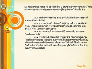 Free Powerpoint Templates
Page 30
((๓๓)) สมณศักดิ์ของพระสงฆ์ แบ่งออกเป็น ๒ อันดับ คือ พระราชาคณะผู้ใหญ่สมณศักดิ์ของพระสงฆ์ แบ่งออกเป็น ๒ อันดับ คือ พระราชาคณะผู้ใหญ่
และพระราชาคณะสามัญ พระราชาคณะผู้ใหญ่กำาหนดไว้ ๔ ชั้น คือและพระราชาคณะสามัญ พระราชาคณะผู้ใหญ่กำาหนดไว้ ๔ ชั้น คือ
๓๓..๑ สมเด็จพระสังฆราช ซ้าย๑ สมเด็จพระสังฆราช ซ้าย--ขวาได้แก่สมเด็จพระอริยวงศ์ขวาได้แก่สมเด็จพระอริยวงศ์
และสมเด็จพระวันรัตน์และสมเด็จพระวันรัตน์
๓๓..๒ พระพุฒาจารย์ เจ้าคณะใหญ่อรัญวาสี พระพุทธโฆษา๒ พระพุฒาจารย์ เจ้าคณะใหญ่อรัญวาสี พระพุทธโฆษา
จารย์ ผู้ช่วยสังฆปรินายก พระพิมลธรรม เจ้าคณะรองฝ่ายซ้าย พระจารย์ ผู้ช่วยสังฆปรินายก พระพิมลธรรม เจ้าคณะรองฝ่ายซ้าย พระ
ธรรมวโรดม เจ้าคณะรองฝ่ายขวาธรรมวโรดม เจ้าคณะรองฝ่ายขวา
๓๓..๓ พระพรหมมุนี พระธรรมเจดีย์ คณะเหนือ พระธรรม๓ พระพรหมมุนี พระธรรมเจดีย์ คณะเหนือ พระธรรม
ไตรโลก คณะใต้ไตรโลก คณะใต้
๓๓..๔ พระเทพกวี คณะเหนือ พระเทพมุนี คณะใต้ พระญาณ๔ พระเทพกวี คณะเหนือ พระเทพมุนี คณะใต้ พระญาณ
ไตรโลก เจ้าคณะรองอรัญวาสี นอกจากนี้เป็นพระราชาคณะชั้นสามัญไตรโลก เจ้าคณะรองอรัญวาสี นอกจากนี้เป็นพระราชาคณะชั้นสามัญ
ทั้งหมดคือ พระเทพโมลี พระธรรมโกษา พระโพธิวงศ์ เป็นต้น แต่พระทั้งหมดคือ พระเทพโมลี พระธรรมโกษา พระโพธิวงศ์ เป็นต้น แต่พระ
โพธิวงศ์ ยกเป็นชั้นเทพในสมัยพระเจ้ากรุงธนบุรีหรือรัชกาลที่ ๑ ส่วนโพธิวงศ์ ยกเป็นชั้นเทพในสมัยพระเจ้ากรุงธนบุรีหรือรัชกาลที่ ๑ ส่วน
พระราชาคณะยังไม่มีพระราชาคณะยังไม่มี
 