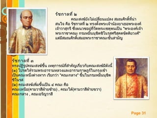 Free Powerpoint Templates
Page 31
รัชกาลที่ ๒รัชกาลที่ ๒
คณะสงฆ์ยังไม่เปลี่ยนแปลง สมณศักดิ์ที่น่าคณะสงฆ์ยังไม่เปลี่ยนแปลง สมณศักดิ์ที่น่า
สนใจ คือ รัชกาลที่ ๒ ทรงตั้งพระเจ้าน้องยาเธอพระองค์สนใจ คือ รัชกาลที่ ๒ ทรงตั้งพระเจ้าน้องยาเธอพระองค์
เจ้าวาสุกรี ซึ่งผนวชอยู่ที่วัดพระเชตุพนเป็นเจ้าวาสุกรี ซึ่งผนวชอยู่ที่วัดพระเชตุพนเป็น ""พระองค์เจ้าพระองค์เจ้า
พระราชาคณะ กรมหมื่นนุชิตชิโนรสศรีสุคตขัตติยวงศ์พระราชาคณะ กรมหมื่นนุชิตชิโนรสศรีสุคตขัตติยวงศ์""
แต่มีสมณศักดิ์เสมอพระราชาคณะชั้นสามัญแต่มีสมณศักดิ์เสมอพระราชาคณะชั้นสามัญ
รัชกาลที่ ๓รัชกาลที่ ๓
ทรงปฏิรูปคณะสงฆ์ขึ้น เหตุการณ์ที่สำาคัญเกี่ยวกับคณะสงฆ์มีดังนี้ทรงปฏิรูปคณะสงฆ์ขึ้น เหตุการณ์ที่สำาคัญเกี่ยวกับคณะสงฆ์มีดังนี้
((๑๑)) โปรดให้รวมพระอารามหลวงและอารามราษฎร์ในกรุงเข้าโปรดให้รวมพระอารามหลวงและอารามราษฎร์ในกรุงเข้า
เป็นคณะหนึ่งต่างหาก เรียกว่าเป็นคณะหนึ่งต่างหาก เรียกว่า ""คณะกลางคณะกลาง"" ขึ้นในกรมหมื่นนุชิตขึ้นในกรมหมื่นนุชิต
ชิโนรสชิโนรส
((๒๒)) คณะสงฆ์เพิ่มขึ้นเป็น ๔ คณะ คือคณะสงฆ์เพิ่มขึ้นเป็น ๔ คณะ คือ
คณะเหนือคณะเหนือ((คามวาสีฝ่ายซ้ายคามวาสีฝ่ายซ้าย) ,) , คณะใต้คณะใต้((คามวาสีฝ่ายขวาคามวาสีฝ่ายขวา))
คณะกลางคณะกลาง ,, คณะอรัญวาสีคณะอรัญวาสี
 