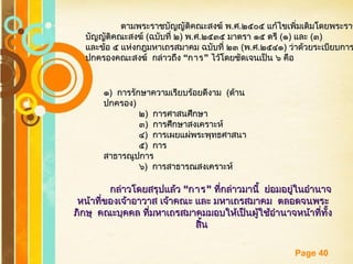 Free Powerpoint Templates
Page 40
ตามพระราชบัญญัติคณะสงฆ์ พตามพระราชบัญญัติคณะสงฆ์ พ..ศศ..๒๕๐๕ แก้ไขเพิ่มเติมโดยพระราช๒๕๐๕ แก้ไขเพิ่มเติมโดยพระราช
บัญญัติคณะสงฆ์บัญญัติคณะสงฆ์ ((ฉบับที่ ๒ฉบับที่ ๒)) พพ..ศศ..๒๕๓๕ มาตรา ๑๕ ตรี๒๕๓๕ มาตรา ๑๕ ตรี ((๑๑)) และและ ((๓๓))
และข้อ ๕ แห่งกฎมหาเถรสมาคม ฉบับที่ ๒๓และข้อ ๕ แห่งกฎมหาเถรสมาคม ฉบับที่ ๒๓ ((พพ..ศศ..๒๕๔๑๒๕๔๑)) ว่าด้วยระเบียบการว่าด้วยระเบียบการ
ปกครองคณะสงฆ์ปกครองคณะสงฆ์ กล่าวถึงกล่าวถึง ““การการ”” ไว้โดยชัดเจนเป็น ๖ คือไว้โดยชัดเจนเป็น ๖ คือ
๑๑)) การรักษาความเรียบร้อยดีงามการรักษาความเรียบร้อยดีงาม ((ด้านด้าน
ปกครองปกครอง))
๒๒)) การศาสนศึกษาการศาสนศึกษา
๓๓)) การศึกษาสงเคราะห์การศึกษาสงเคราะห์
๔๔)) การเผยแผ่พระพุทธศาสนาการเผยแผ่พระพุทธศาสนา
๕๕)) การการ
สาธารณูปการสาธารณูปการ
๖๖)) การสาธารณสงเคราะห์การสาธารณสงเคราะห์
กล่าวโดยสรุปแล้วกล่าวโดยสรุปแล้ว ““การการ”” ที่กล่าวมานี้ที่กล่าวมานี้ ย่อมอยู่ในอำานาจย่อมอยู่ในอำานาจ
หน้าที่ของเจ้าอาวาส เจ้าคณะ และ มหาเถรสมาคมหน้าที่ของเจ้าอาวาส เจ้าคณะ และ มหาเถรสมาคม ตลอดจนพระตลอดจนพระ
ภิกษุภิกษุ คณะบุคคล ที่มหาเถรสมาคมมอบให้เป็นผู้ใช้อำานาจหน้าที่ทั้งคณะบุคคล ที่มหาเถรสมาคมมอบให้เป็นผู้ใช้อำานาจหน้าที่ทั้ง
สิ้นสิ้น
 