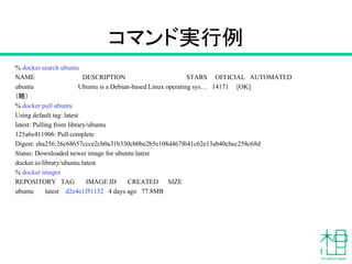 コマンド実行例
% docker search ubuntu
NAME DESCRIPTION STARS OFFICIAL AUTOMATED
ubuntu Ubuntu is a Debian-based Linux operating sys… 14171 [OK]
（略）
% docker pull ubuntu
Using default tag: latest
latest: Pulling from library/ubuntu
125a6e411906: Pull complete
Digest: sha256:26c68657ccce2cb0a31b330cb0be2b5e108d467f641c62e13ab40cbec258c68d
Status: Downloaded newer image for ubuntu:latest
docker.io/library/ubuntu:latest
% docker images
REPOSITORY TAG IMAGE ID CREATED SIZE
ubuntu latest d2e4e1f51132 4 days ago 77.8MB
 