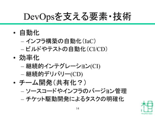 DevOpsを支える要素・技術
• 自動化
– インフラ構築の自動化（IaC）
– ビルドやテストの自動化（CI/CD）
• 効率化
– 継続的インテグレーション(CI)
– 継続的デリバリー(CD)
• チーム開発（共有化？）
– ソースコードやインフラのバージョン管理
– チケット駆動開発によるタスクの明確化
14
 