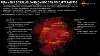 4
PETA MEDIA SOSIAL #BLOKIRKOMINFO DAN PENDAFTARAN PSE
➢ Pembahasan soal #BlokirKominfo dan pendaftaran PSE didominasi oleh sentimen negatif warganet (92%) ➔ Kritik
pemblokiran oleh Kominfo, sebut pemblokiran matikan mata pencaharian, kebebasan berekspresi konten kreator dan
komunitas E- sport lokal, bandingkan judi slot yang belum diblokir Kominfo.
➢ Narasi positif mencapai (3%) ➔ Pendukung Presiden Jokowi yakini Presiden akan mencabut kebijakan Kominfo.
➢ Publik lebih banyak mengkritisi langkah pemblokiran yang dilakukan oleh Kominfo.
Klaster 2 –Media:
•@VICE_ID:
• Kabarkan langkah Kominfo blokir
Steam, EpicGame Store, Dota,
hingga Paypal, dengan dalih tak
daftar PSE.
•@detikcom:
• Kabarkan Ada 8 PSE Lingkup Privat
yang resmi diblokir oleh Kominfo.
Klaster 1 – Kontra Kominfo:
•@teamsecret:
• Kabarkan jika pemerintah Indonesia telah
membuat larangan akses ke Steam,
PayPal, Battlenet, Epic Games.
•@secgron:
• Sindir kualitas keamanan web Kominfo
yang bisa ditembus oleh Hacker.
• @Fiar098:
• Sebut Kominfo yang seharusnya tidak
memegang layanan Internet dan soroti
penggunaan Paypal untuk pembayaran.
• @Helientez:
• Berikan informasi soal cara bahaya
menggunakan Paypal dengan VPN dan
ajak publik memprotes Kominfo.
• @hamsterszdasian:
• Sebut Kominfo telah mematikan
Komunitas E-Sport lokal dan para konten
kreator atas kebijakan pemblokiran.
Periode pemantauan: 19 s.d 30 Juli 2022 (pukul 17.59 WIB)
 