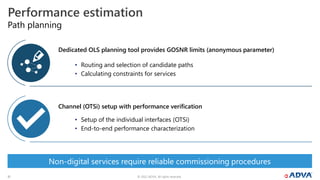© 2022 ADVA. All rights reserved.
10
• Setup of the individual interfaces (OTSi)
• End-to-end performance characterization
Path planning
Performance estimation
• Routing and selection of candidate paths
• Calculating constraints for services
Dedicated OLS planning tool provides GOSNR limits (anonymous parameter)
Channel (OTSi) setup with performance verification
Non-digital services require reliable commissioning procedures
 