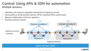 © 2022 ADVA. All rights reserved.
13
Multi-domain NMC
• Operators and customer negotiate characteristics of spectrum service
• Same profile on all demarcation devices: OTSiA, individual OTSi’s, power levels
• Requires collaboration of domain operators
• Routing is domain internal
Multiple domains
Control: Using APIs & SDN for automation
Domain controller B
Domain controller A
NBI
NBI
Spectrum service
customer
Network B
Separate domains
Network A
 