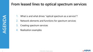 © 2022 ADVA. All rights reserved.
2
AGENDA
What is and what drives “optical spectrum as a service”?
1.
Network elements and functions for spectrum services
2.
Creating spectrum services
3.
Realization examples
4.
From leased lines to optical spectrum services
 