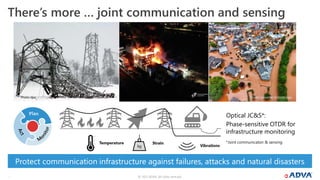 © 2022 ADVA. All rights reserved.
15
There’s more … joint communication and sensing
© 2021 ADVA. All rights reserved. Confidential.
15
Protect communication infrastructure against failures, attacks and natural disasters
Photo: Sebastian Schmitt/dpa
Photo: dpa
Optical JC&S*:
Phase-sensitive OTDR for
infrastructure monitoring
*Joint communicaton & sensing
Photo: Sebastian Schmitt/dpa
 
