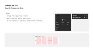 Building the Grid
Step 3 Adding the Grid
Mobile
프레임을 선택하고 컬럼 그리드를 추가합니다.
컬럼 수는 4개, 거터는 16, 마진은 24로 설정합니다.
열 너비는 자동으로 auto로 설정되며, 이는 유동형 그리드라는 것을 의미합니다.
 