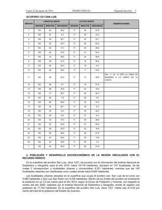 Lunes 22 de agosto de 2016 DIARIO OFICIAL (Segunda Sección) 3
ACUÍFERO 1221 SAN LUIS
VÉRTICE
LONGITUD OESTE LATITUD NORTE
OBSERVACIONES
GRADOS MINUTOS SEGUNDOS GRADOS MINUTOS SEGUNDOS
1 100 43 55.2 17 36 47.9
2 100 43 5.3 17 34 33.3
3 100 46 28.1 17 30 23.1
4 100 45 30.3 17 26 52.0
5 100 44 13.1 17 24 28.9
6 100 44 37.6 17 21 43.2
7 100 43 59.0 17 20 59.9
8 100 45 51.0 17 18 50.0
9 100 44 26.3 17 16 2.4
10 100 46 29.2 17 11 23.5
11 100 46 22.4 17 10 30.8
DEL 11 AL 12 POR LA LÍNEA DE
BAJAMAR A LO LARGO DE LA
COSTA
12 100 59 0.7 17 14 51.8
13 100 58 30.9 17 23 19.4
14 100 57 56.7 17 25 55.7
15 100 58 1.8 17 29 5.5
16 100 56 59.9 17 30 37.5
17 100 56 56.1 17 34 5.9
18 100 54 9.0 17 34 32.2
19 100 54 9.0 17 37 2.4
20 100 52 37.0 17 38 26.8
21 100 52 42.9 17 41 24.4
22 100 49 52.3 17 43 18.3
23 100 46 48.8 17 38 47.5
24 100 44 52.6 17 39 12.8
25 100 42 39.8 17 40 7.2
1 100 43 55.2 17 36 47.9
2. POBLACIÓN Y DESARROLLO SOCIOECONÓMICO DE LA REGIÓN VINCULADOS CON EL
RECURSO HÍDRICO
En la superficie del acuífero San Luis, clave 1221, de acuerdo con la información del Instituto Nacional de
Estadística y Geografía, para el año 2010, había 18,176 habitantes, ubicados en 147 localidades, de las
cuales 2 correspondían a localidades urbanas y concentraban 9,321 habitantes, mientras que las 145
localidades restantes son clasificadas como rurales donde había 8,855 habitantes.
Las localidades urbanas ubicadas en la superficie que ocupa el acuífero son: San Luis de la Loma con
5,085 habitantes y San Luis San Pedro con 4,236 habitantes. Dentro de los límites del acuífero se incrementó
la población en un 2.5 por ciento para el año 2010, según el Censo de Población y Vivienda, con respecto al
conteo del año 2005, realizado por el Instituto Nacional de Estadística y Geografía, donde se registró una
población de 17,742 habitantes. En la superficie del acuífero San Luis, clave 1221, habita casi el 0.53 por
ciento del total de la población del Estado de Guerrero.
 