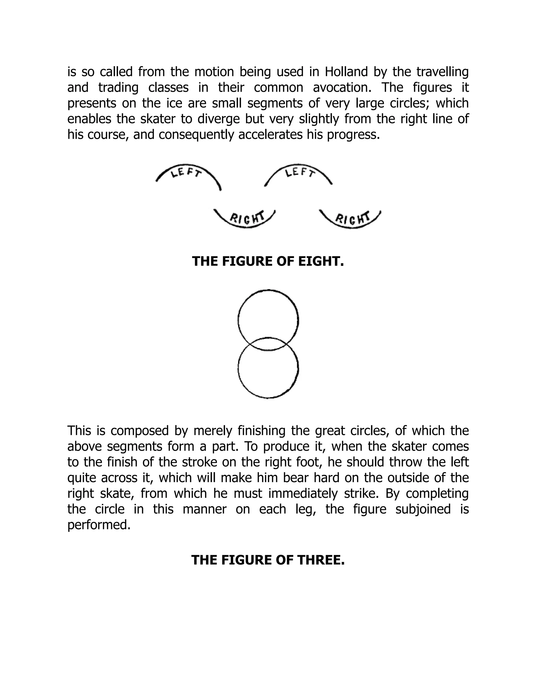 is so called from the motion being used in Holland by the travelling
and trading classes in their common avocation. The figures it
presents on the ice are small segments of very large circles; which
enables the skater to diverge but very slightly from the right line of
his course, and consequently accelerates his progress.
THE FIGURE OF EIGHT.
This is composed by merely finishing the great circles, of which the
above segments form a part. To produce it, when the skater comes
to the finish of the stroke on the right foot, he should throw the left
quite across it, which will make him bear hard on the outside of the
right skate, from which he must immediately strike. By completing
the circle in this manner on each leg, the figure subjoined is
performed.
THE FIGURE OF THREE.
 