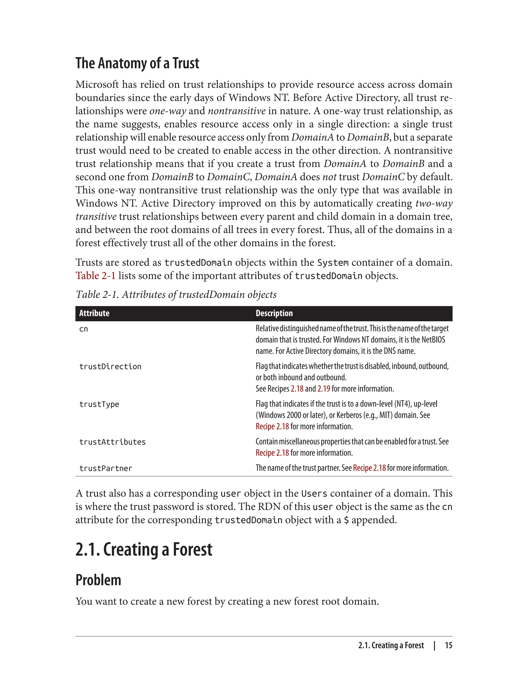 The Anatomy of a Trust
Microsoft has relied on trust relationships to provide resource access across domain
boundaries since the early days of Windows NT. Before Active Directory, all trust re‐
lationships were one-way and nontransitive in nature. A one-way trust relationship, as
the name suggests, enables resource access only in a single direction: a single trust
relationship will enable resource access only from DomainA to DomainB, but a separate
trust would need to be created to enable access in the other direction. A nontransitive
trust relationship means that if you create a trust from DomainA to DomainB and a
second one from DomainB to DomainC, DomainA does not trust DomainC by default.
This one-way nontransitive trust relationship was the only type that was available in
Windows NT. Active Directory improved on this by automatically creating two-way
transitive trust relationships between every parent and child domain in a domain tree,
and between the root domains of all trees in every forest. Thus, all of the domains in a
forest effectively trust all of the other domains in the forest.
Trusts are stored as trustedDomain objects within the System container of a domain.
Table 2-1 lists some of the important attributes of trustedDomain objects.
Table 2-1. Attributes of trustedDomain objects
Attribute Description
cn Relativedistinguishednameofthetrust.Thisisthenameofthetarget
domain that is trusted. For Windows NT domains, it is the NetBIOS
name. For Active Directory domains, it is the DNS name.
trustDirection Flagthatindicateswhetherthetrustisdisabled,inbound,outbound,
or both inbound and outbound.
See Recipes 2.18 and 2.19 for more information.
trustType Flag that indicates if the trust is to a down-level (NT4), up-level
(Windows 2000 or later), or Kerberos (e.g., MIT) domain. See
Recipe 2.18 for more information.
trustAttributes Containmiscellaneouspropertiesthatcanbeenabledforatrust.See
Recipe 2.18 for more information.
trustPartner Thenameofthetrustpartner.SeeRecipe2.18formoreinformation.
A trust also has a corresponding user object in the Users container of a domain. This
is where the trust password is stored. The RDN of this user object is the same as the cn
attribute for the corresponding trustedDomain object with a $ appended.
2.1. Creating a Forest
Problem
You want to create a new forest by creating a new forest root domain.
2.1. Creating a Forest | 15
 