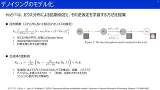 デノイジングのモデル化
6
図式引用：[3] Ho, J., Jain, A., & Abbeel, P. (2020). Denoising diffusion probabilistic models. Advances in Neural Information Processing Systems, 33, 6840-6851.
Hoら[3]は、ガウス分布による拡散仮定と、その逆仮定を学習する方法を提案
 目的関数（ステップtにおいて加えられたノイズの推定）
 生成時の更新則
• 生成時にはステップt-1でくわえられたノイズを推定し、減算．=デノイズ
• デノイズ≒𝑥0を復元する方向 → （対数）尤度を大きくする方向
ランジュバン動力学との類似性
• ガウス分布の平均、分散によるclose-form
• reparameterization trick
• 対数尤度に対する変分推定
 