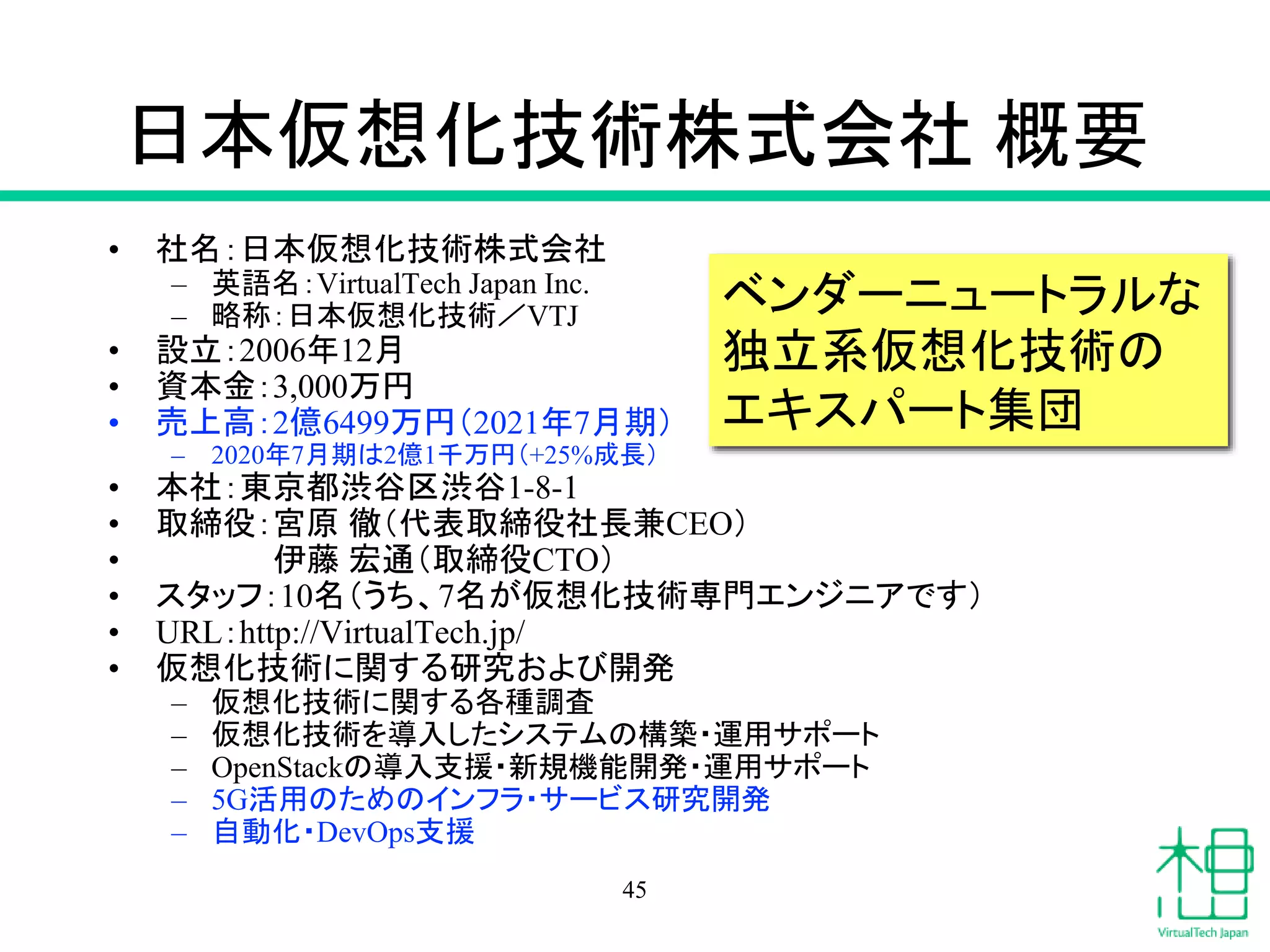 日本仮想化技術株式会社 概要
• 社名：日本仮想化技術株式会社
– 英語名：VirtualTech Japan Inc.
– 略称：日本仮想化技術／VTJ
• 設立：2006年12月
• 資本金：3,000万円
• 売上高：2億6499万円（2021年7月期）
– 2020年7月期は2億1千万円（+25%成長）
• 本社：東京都渋谷区渋谷1-8-1
• 取締役：宮原 徹（代表取締役社長兼CEO）
• 伊藤 宏通（取締役CTO）
• スタッフ：10名（うち、7名が仮想化技術専門エンジニアです）
• URL：http://VirtualTech.jp/
• 仮想化技術に関する研究および開発
– 仮想化技術に関する各種調査
– 仮想化技術を導入したシステムの構築・運用サポート
– OpenStackの導入支援・新規機能開発・運用サポート
– 5G活用のためのインフラ・サービス研究開発
– 自動化・DevOps支援
ベンダーニュートラルな
独立系仮想化技術の
エキスパート集団
45
 