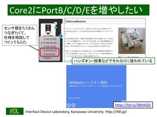 2022/9/3 Interface Device Laboratory, Kanazawa University http://ifdl.jp/
Core2にPortB/C/D/Eを増やしたい
センサ類をたくさん
つなぎたくて、
仕様を相談して
つくってもらた
ハンズオン・授業などでそれなりに使われている
https://bit.ly/3Bb4QDi
 