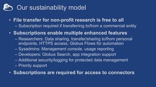 Our sustainability model
• File transfer for non-profit research is free to all
– Subscription required if transferring to/from a commercial entity
• Subscriptions enable multiple enhanced features
– Researchers: Data sharing, transfer/sharing to/from personal
endpoints, HTTPS access, Globus Flows for automation
– Sysadmins: Management console, usage reporting
– Developers: Globus Search, app integration support
– Additional security/logging for protected data management
– Priority support
• Subscriptions are required for access to connectors
 