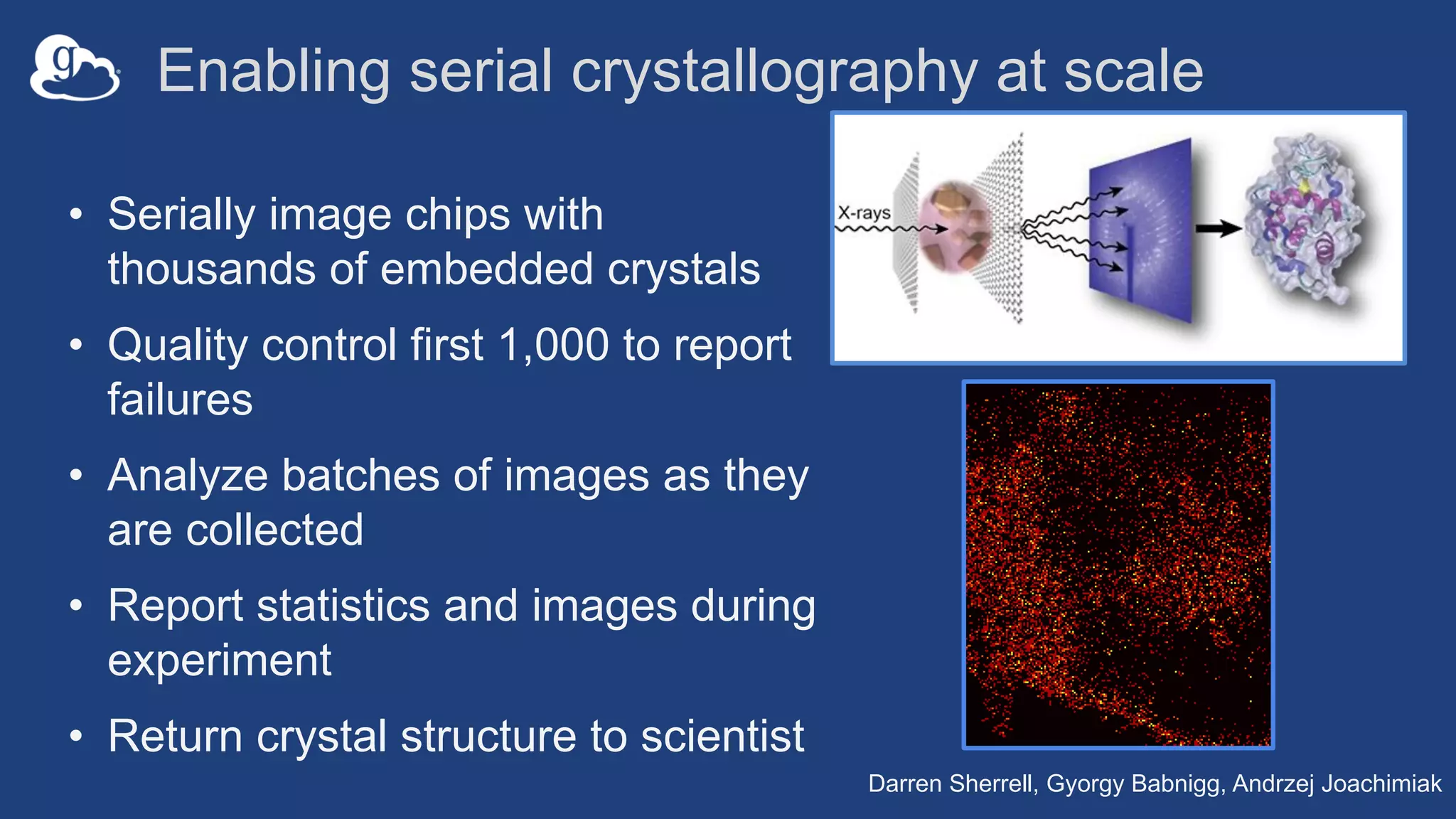 Enabling serial crystallography at scale
• Serially image chips with
thousands of embedded crystals
• Quality control first 1,000 to report
failures
• Analyze batches of images as they
are collected
• Report statistics and images during
experiment
• Return crystal structure to scientist
Darren Sherrell, Gyorgy Babnigg, Andrzej Joachimiak
 