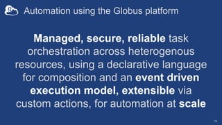 19
Automation using the Globus platform
Managed, secure, reliable task
orchestration across heterogenous
resources, using a declarative language
for composition and an event driven
execution model, extensible via
custom actions, for automation at scale
 