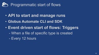 Programmatic start of flows
26
• API to start and manage runs
• Globus Automate CLI and SDK
• Event driven start of flows: Triggers
- When a file of specific type is created
- Every 12 hours
 