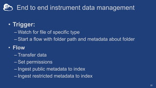 End to end instrument data management
28
• Trigger:
– Watch for file of specific type
– Start a flow with folder path and metadata about folder
• Flow
– Transfer data
– Set permissions
– Ingest public metadata to index
– Ingest restricted metadata to index
 
