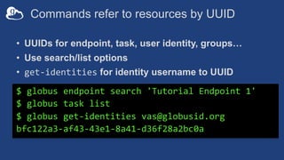 Commands refer to resources by UUID
• UUIDs for endpoint, task, user identity, groups…
• Use search/list options
• get-identities for identity username to UUID
$ globus endpoint search 'Tutorial Endpoint 1'
$ globus task list
$ globus get-identities vas@globusid.org
bfc122a3-af43-43e1-8a41-d36f28a2bc0a
 
