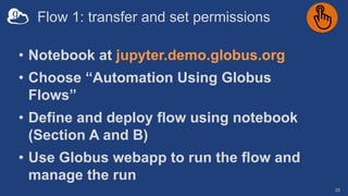 Flow 1: transfer and set permissions
25
• Notebook at jupyter.demo.globus.org
• Choose “Automation Using Globus
Flows”
• Define and deploy flow using notebook
(Section A and B)
• Use Globus webapp to run the flow and
manage the run
 