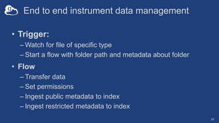 End to end instrument data management
28
• Trigger:
– Watch for file of specific type
– Start a flow with folder path and ...