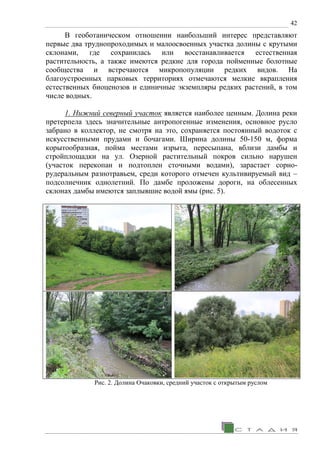 42
В геоботаническом отношении наибольший интерес представляют
первые два труднопроходимых и малоосвоенных участка долины с крутыми
склонами, где сохранилась или восстанавливается естественная
растительность, а также имеются редкие для города пойменные болотные
сообщества и встречаются микропопуляции редких видов. На
благоустроенных парковых территориях отмечаются мелкие вкрапления
естественных биоценозов и единичные экземпляры редких растений, в том
числе водных.
1. Нижний северный участок является наиболее ценным. Долина реки
претерпела здесь значительные антропогенные изменения, основное русло
забрано в коллектор, не смотря на это, сохраняется постоянный водоток с
искусственными прудами и бочагами. Ширина долины 50-150 м, форма
корытообразная, пойма местами изрыта, пересыпана, вблизи дамбы и
стройплощадки на ул. Озерной растительный покров сильно нарушен
(участок перекопан и подтоплен сточными водами), зарастает сорно-
рудеральным разнотравьем, среди которого отмечен культивируемый вид –
подсолнечник однолетний. По дамбе проложены дороги, на облесенных
склонах дамбы имеются заплывшие водой ямы (рис. 5).
Рис. 2. Долина Очаковки, средний участок с открытым руслом
 