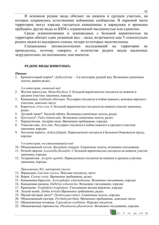 92
В основном редкие виды обитают на нижнем и среднем участках, на
которых сохранились естественные пойменные сообщества. В парковой части
территории могут изредка гнездиться камышницы и варакушки и временно
пребывать другие виды из ККМ с ограниченной численностью или единично.
Среди млекопитающих и земноводных с большой вероятностью на
территории обитает один уязвимый вид – ласка, встречаются еще 5 относительно
редких видов из надзорного списка, четыре из которых малочисленны.
Специальных энтомологических исследований на территории не
проводилось, поэтому говорить о количестве редких видов насекомых
затруднительно, но несомненно, они имеются.
РЕДКИЕ ВИДЫ ЖИВОТНЫХ:
Птицы:
1. Красноголовый нырок*. Aythya ferina – 2-я категория, редкий вид. Возможны единичные
залеты, крайне редко.
3-я категория, уязвимый вид:
2. Желтая трясогузка. Motacilla flava. С большой вероятностью гнездится на нижнем и
среднем участках заказника, изредка.
3. Камышница. Gallinula chloropus. Регулярно гнездится в пойме нижнего, воможно верхнего
участков, довольно часто.
4. Коростель. Crex crex. С большой вероятностью гнездится на нижнем участке заказника,
редко.
5. Луговой чекан*. Saxicola rubetra. Возможны единичные залеты, редко.
6. Пустельга*. Falco tinnunculus. Возможны единичные залеты, редко.
7. Перепелятник. Accipiter nisus. Временное пребывание, изредка.
8. Ушастая сова. Asio otus. Регулярно гнездится в пойме нижнего и среднего участков
заказника, изредка
9. Хохлатая чернеть. Aythya fuligula. Периодически гнездится в Большом Очаковском пруду,
изредка
5-я категория, восстановившийся вид:
10. Обыкновенный гоголь. Bucephala clangula. Единичные залеты, возможно гнездование
11. Речной сверчок. Locustella fluviatilis. С большой вероятностью гнездится на нижнем участке
заказника, изредка.
12. Тетеревятник. Accipiter gentilis. Периодически гнездится на нижнем и среднем участках
заказника, изредка.
Приложение №1, надзорный список:
13. Варакушка. Luscinia svecica. Массово гнездится, часто
14. Ворон. Corvus corax. Временное пребывание, редко.
15. Камышевка-барсучок. Acrocephalus schoenobaenus. Возможно гнездование, изредка
16. Камышовая овсянка. Embiriza schoeniclus. Возможно гнездование, изредка
17. Крапивник. Troglodytes troglodytes. Гнездование весьма вероятно, изредка
18. Лесной конёк. Anthus trivialis Временное пребывание, редко.
19. Малый пёстрый дятел*. Dendrocopos minor. Единичные залеты, изредка.
20. Обыкновенный снегирь. Pyrrhula purrhula. Временное пребывание, довольно часто.
21. Обыкновенная чечевица. Caprodacus erythtinus. Изредка гнездится.
22. Обыкновенная горихвостка. Phoenicurus phoenicurus. Возможно гнездование, изредка.
 