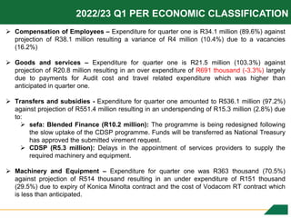 21
2022/23 Q1 PER ECONOMIC CLASSIFICATION
 Compensation of Employees – Expenditure for quarter one is R34.1 million (89.6...