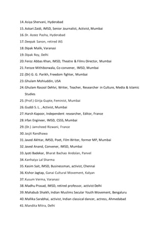14.Asiya Shervani, Hyderabad
15.Askari Zaidi, IMSD, Senior Journalist, Activist, Mumbai
16.Dr. Azeez Pasha, Hyderabad
17.D...